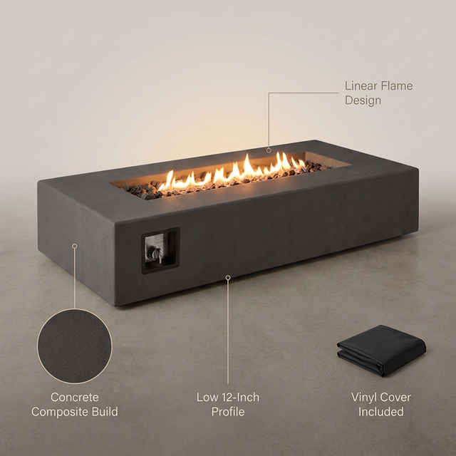Propane Fire Table Designed for Modern Patios, Concrete Composite Build, 60-Inch Length, Vinyl Cover — infographic