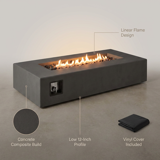 Propane Fire Table Designed for Modern Patios, Concrete Composite Build, 60-Inch Length, Vinyl Cover — infographic