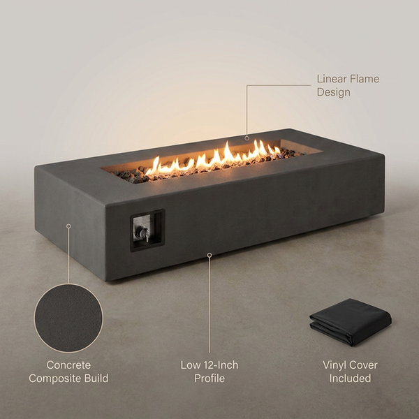Propane Fire Table Designed for Modern Patios, Concrete Composite Build, 60-Inch Length, Vinyl Cover — infographic