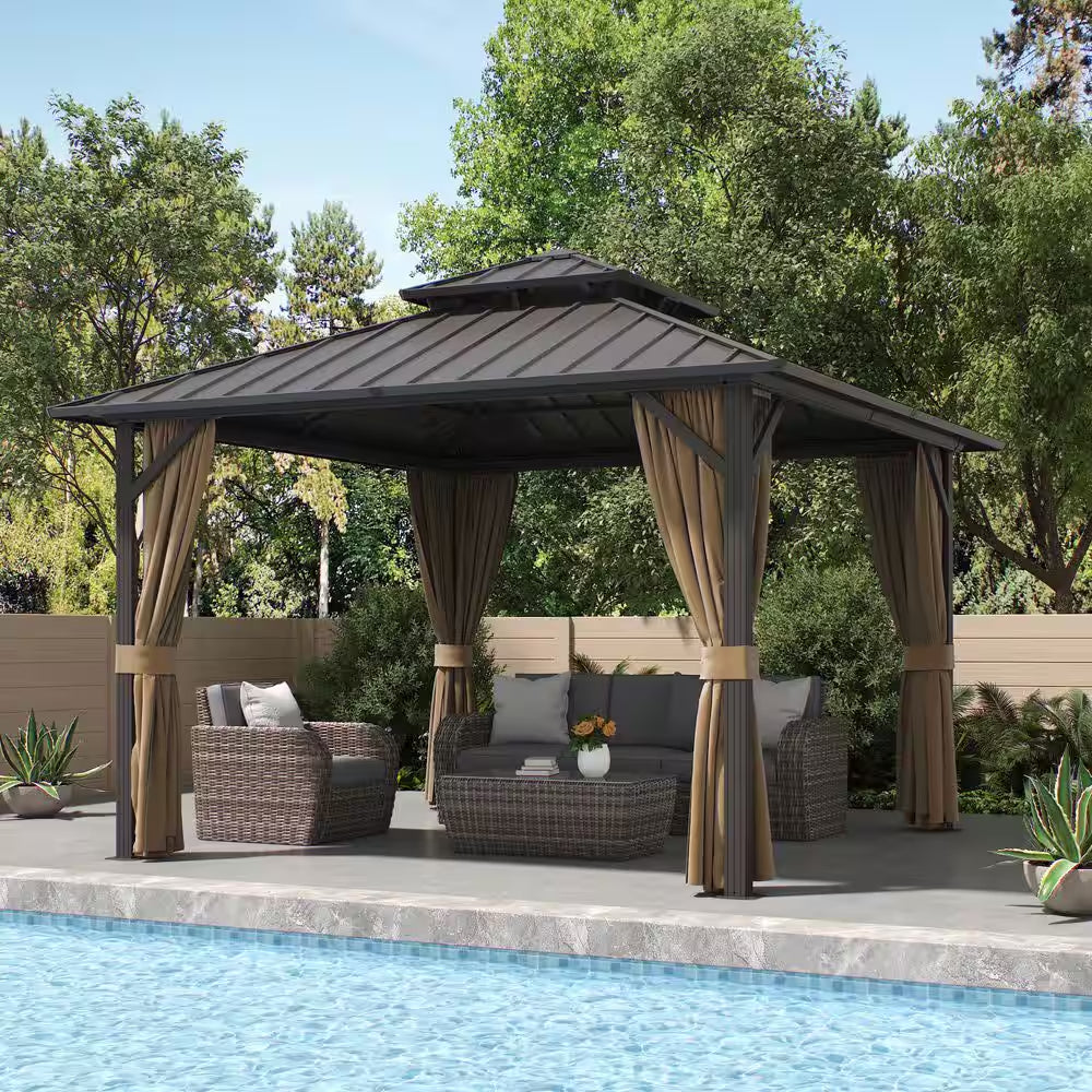 12 Ft. X 12 Ft. Aluminum Hardtop Gazebo with Double Galvanized Steel Roof, Netting and Curtains for Patio and Backyard
