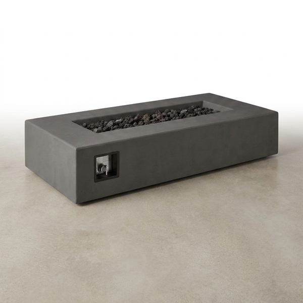 Propane Fire Table Designed for Modern Patios, Concrete Composite Build, 60-Inch Length, Vinyl Cover