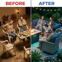 9 Pieces Patio Furniture Set All Weather Wicker Outdoor Conversation Set with 42" Fire Pit outside Furniture Patio Sofa with Swivel Chairs & Solar Table, Denim Blue — Before & After