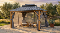 11 Ft. X 13 Ft. Double Roof Hardtop Wooden Patio Gazebo with Netting and Gray Curtains — Lifestyle