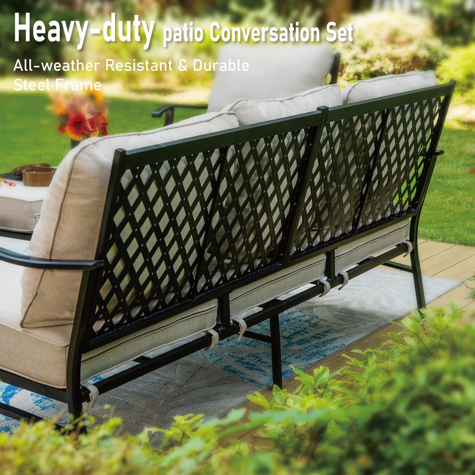 7-Seater Patio Conversation Set Metal Outdoor Furniture Set with Swivel Chairs and Ottomans - Beige