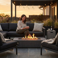 Matteau Low 60 In. L X 12 In. H Outdoor Rectangular Concrete Composite Propane Fire Table in Carbon with Vinyl Cover — Lifestyle