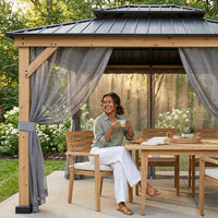 11 Ft. X 13 Ft. Double Roof Hardtop Wooden Patio Gazebo with Netting and Gray Curtains — Lifestyle