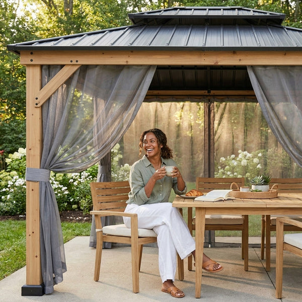 Hardtop Patio Gazebo Built for Year-Round Shade, Double Roof Ventilation, Aluminum Frame, Includes Netting
