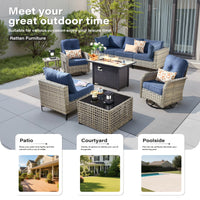 9 Pieces Patio Furniture Set All Weather Wicker Outdoor Conversation Set with 42" Fire Pit outside Furniture Patio Sofa with Swivel Chairs & Solar Table, Denim Blue