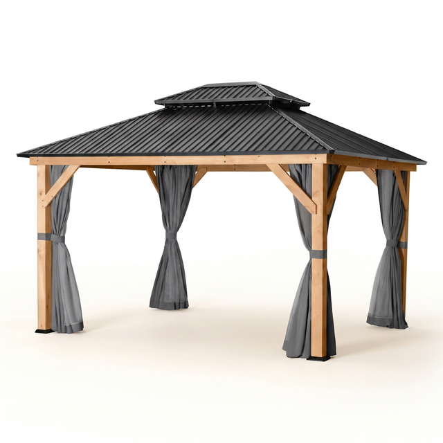 11 Ft. X 13 Ft. Double Roof Hardtop Wooden Patio Gazebo with Netting and Gray Curtains — Studio Shot