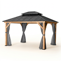 11 Ft. X 13 Ft. Double Roof Hardtop Wooden Patio Gazebo with Netting and Gray Curtains — Studio Shot