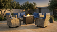 9 Pieces Patio Furniture Set All Weather Wicker Outdoor Conversation Set with 42" Fire Pit outside Furniture Patio Sofa with Swivel Chairs & Solar Table, Denim Blue — Lifestyle