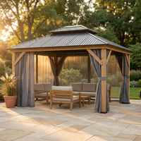 11 Ft. X 13 Ft. Double Roof Hardtop Wooden Patio Gazebo with Netting and Gray Curtains — Studio Shot