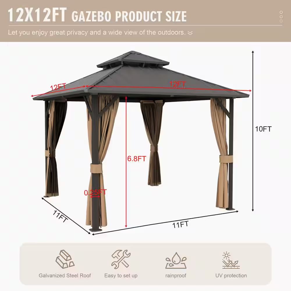 12 Ft. X 12 Ft. Aluminum Hardtop Gazebo with Double Galvanized Steel Roof, Netting and Curtains for Patio and Backyard