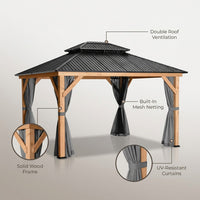 11 Ft. X 13 Ft. Double Roof Hardtop Wooden Patio Gazebo with Netting and Gray Curtains — infographic