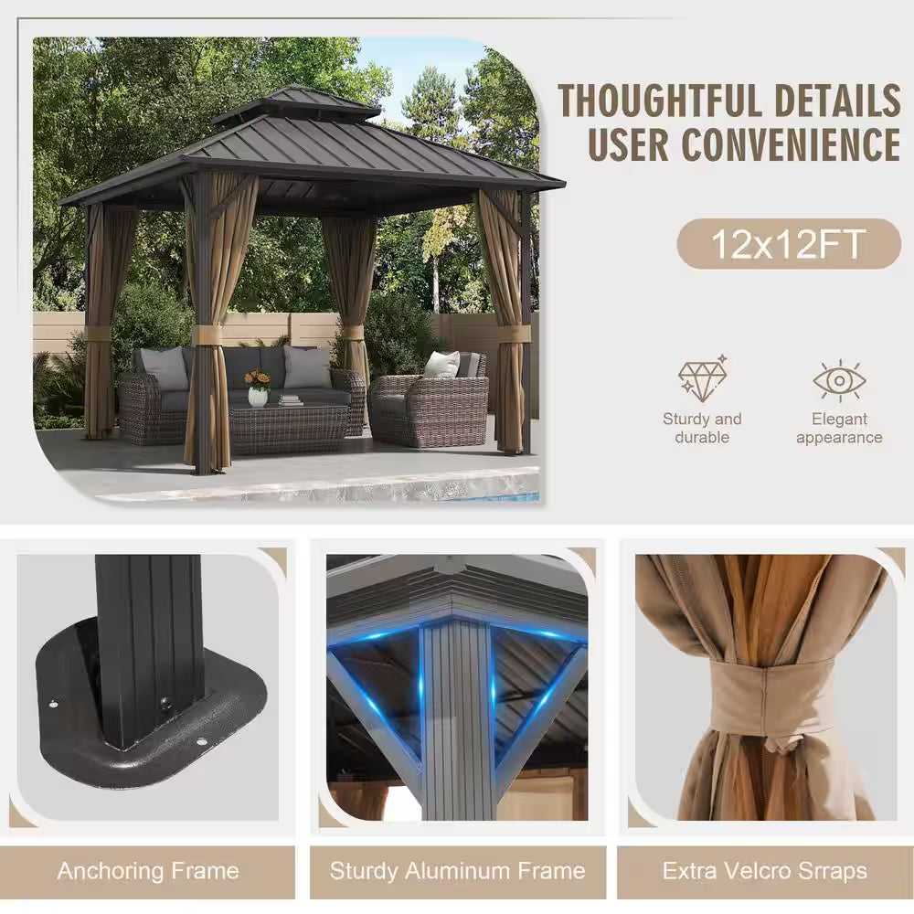 12 Ft. X 12 Ft. Aluminum Hardtop Gazebo with Double Galvanized Steel Roof, Netting and Curtains for Patio and Backyard