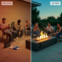 Matteau Low 60 In. L X 12 In. H Outdoor Rectangular Concrete Composite Propane Fire Table in Carbon with Vinyl Cover — Before & After