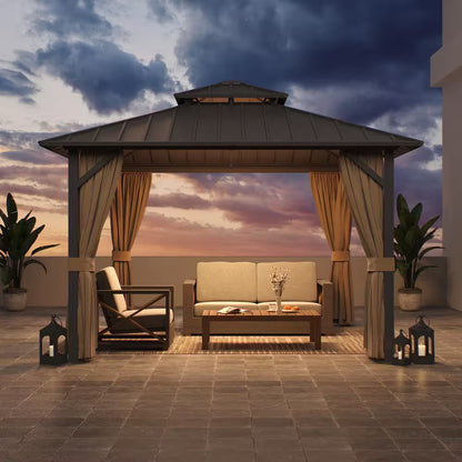 12 Ft. X 12 Ft. Aluminum Hardtop Gazebo with Double Galvanized Steel Roof, Netting and Curtains for Patio and Backyard