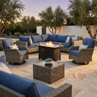 9 Pieces Patio Furniture Set All Weather Wicker Outdoor Conversation Set with 42" Fire Pit outside Furniture Patio Sofa with Swivel Chairs & Solar Table, Denim Blue — Studio Shot