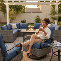 9 Pieces Patio Furniture Set All Weather Wicker Outdoor Conversation Set with 42" Fire Pit outside Furniture Patio Sofa with Swivel Chairs & Solar Table, Denim Blue — Lifestyle