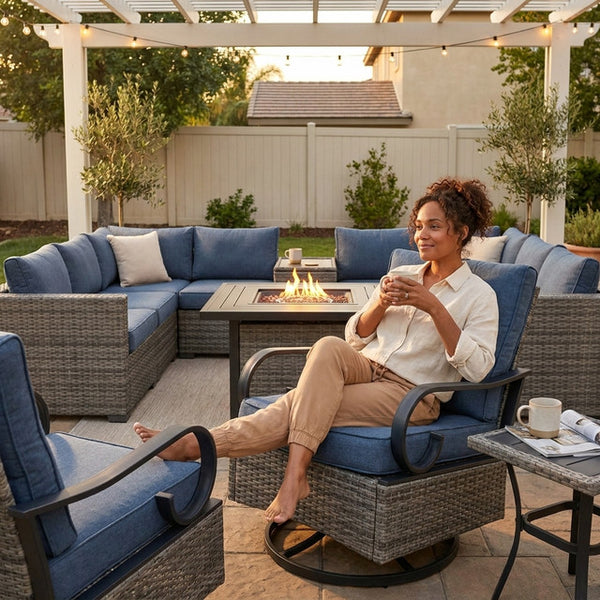 Outdoor Patio Furniture Set Built for Year-Round Entertaining, 42" Fire Pit, Solar Table, Swivel Chairs