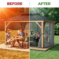 11 Ft. X 13 Ft. Double Roof Hardtop Wooden Patio Gazebo with Netting and Gray Curtains — Before & After
