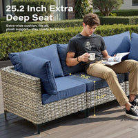 9 Pieces Patio Furniture Set All Weather Wicker Outdoor Conversation Set with 42" Fire Pit outside Furniture Patio Sofa with Swivel Chairs & Solar Table, Denim Blue