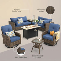 9 Pieces Patio Furniture Set All Weather Wicker Outdoor Conversation Set with 42" Fire Pit outside Furniture Patio Sofa with Swivel Chairs & Solar Table, Denim Blue — infographic