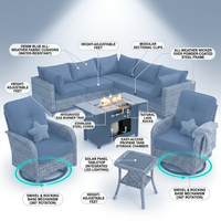 9 Pieces Patio Furniture Set All Weather Wicker Outdoor Conversation Set with 42" Fire Pit outside Furniture Patio Sofa with Swivel Chairs & Solar Table, Denim Blue — How It Works